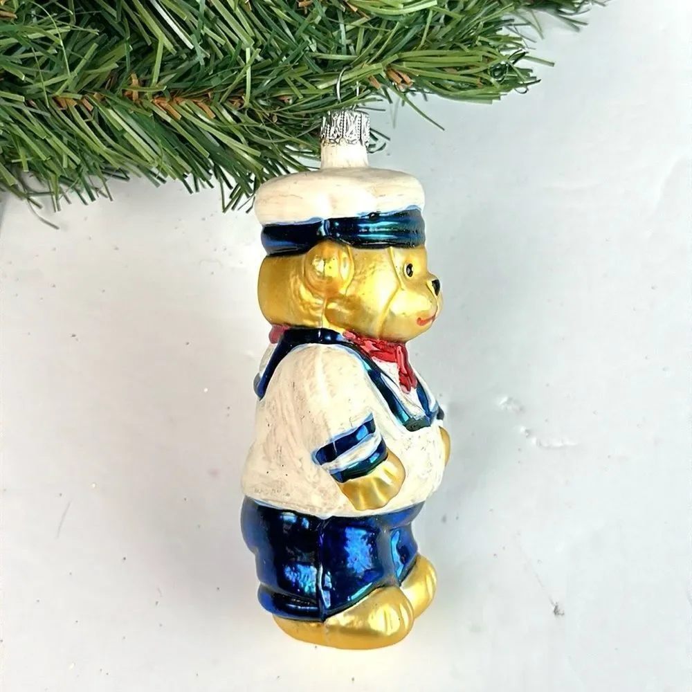 Navy Teddy Bear Glass Christmas Ornament made in Germany Hand Painted